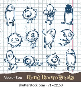 Set of hand drawn freaks. Layered. Vector EPS 10 illustration.