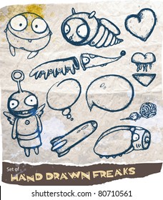 Set of hand drawn freaks with speech bubbles