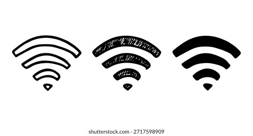Conjunto de señal de zona de punto wifi gratis dibujado a mano Muestra de área wi-fi pública Clipart de Internet inalámbrico en estilo doodle Elemento único para impresión, Web, diseño, decoración 3G, 4G, 5G, 6G, IoT