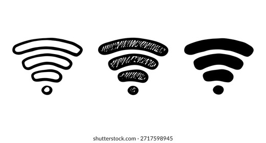 Conjunto de mão desenhada livre wifi sinal de zona spot público wi-fi área sinal sem fio clipart em estilo doodle Elemento único para impressão, web, design, decoração 3G, 4G, 5G, 6G, IoT
