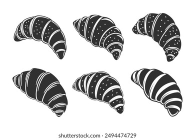 Set of hand drawn french croissants, engraving, pastry silhouettes. Black and white illustration, icons
