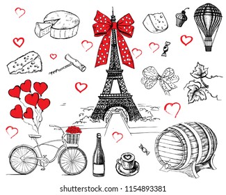 Set of hand drawn French icons, Paris sketch illustration