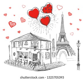 Set of hand drawn French icons, Paris sketch illustration
