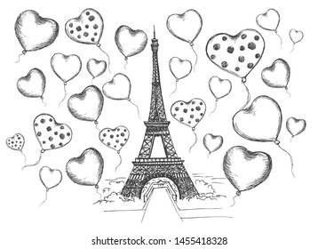 Set of hand drawn French icons, Paris sketch illustration. Hearts balloons hand drawn illustration