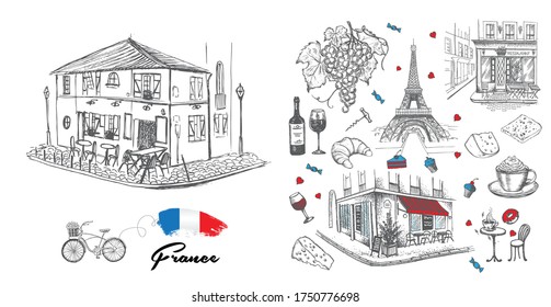 Set of hand drawn French icons, Paris sketch illustration