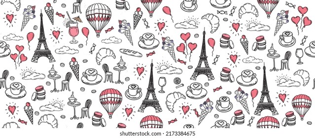 Set of hand drawn French icons, Paris sketch illustration. Vector.