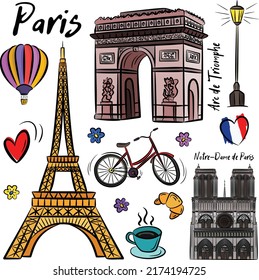 Set of hand drawn French icons, Paris set in vintage style. France, eiffel tower and buildings. Vector doodle elements, Isolated national elements made in vector.