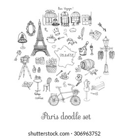 Set of hand drawn French icons, Paris sketch illustration, doodle elements, Isolated national elements made in vector. Travel to France icons for cards and web pages, Paris symbols collection