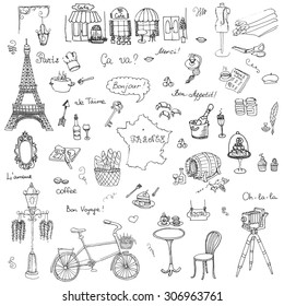 Set of hand drawn French icons, Paris sketch illustration, doodle elements, Isolated national elements made in vector. Travel to France icons for cards and web pages, Paris symbols collection