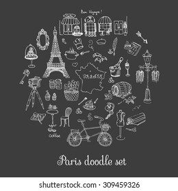 Set of hand drawn French icons, Paris sketch illustration, doodle elements, Isolated national elements made in vector. Travel to France icons for cards and web pages, Paris symbols collection