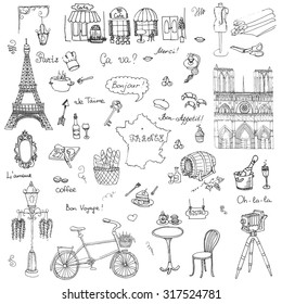 Conjunto de ícones franceses desenhados à mão, ilustração de esboço de Paris, elementos doodle, Elementos nacionais isolados feitos em vetor. Viaje para França ícones para cartões e páginas web, coleção de símbolos Paris