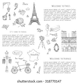 Set of hand drawn French icons, Paris sketch illustration, doodle elements, Isolated national vector elements Travel to France icons for cards, web pages, travel articles Paris symbols collection