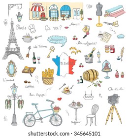 Set of hand drawn French icons, Paris sketch illustration, doodle elements, Isolated national elements made in vector. Travel to France icons for cards and web pages, Paris symbols collection