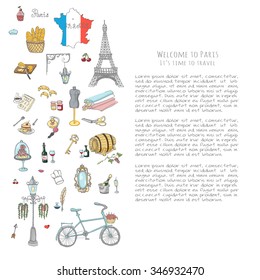 Set of hand drawn French icons, Paris sketch illustration, doodle elements, Isolated national vector elements Travel to France icons for cards, web pages, travel articles Paris symbols collection