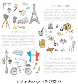Set of hand drawn French icons, Paris sketch illustration, doodle elements, Isolated national vector elements Travel to France icons for cards, web pages, travel articles Paris symbols collection