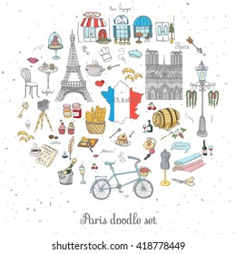 Set of hand drawn French icons, Paris sketch vector illustration, doodle elements, Isolated France national elements, Travel to France icons for cards and web pages, Paris symbols collection