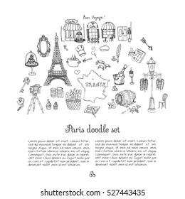 Set of hand drawn French icons, Paris sketch illustration, doodle elements, Isolated national elements made in vector. Travel to France icons for cards web pages, Paris symbols collection Eiffel tower