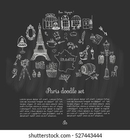 Set of hand drawn French icons, Paris sketch illustration, doodle elements, Isolated national elements made in vector. Travel to France icons for cards web pages, Paris symbols collection Eiffel tower