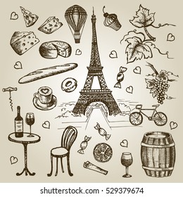 Set of hand drawn French icons, Paris sketch illustration