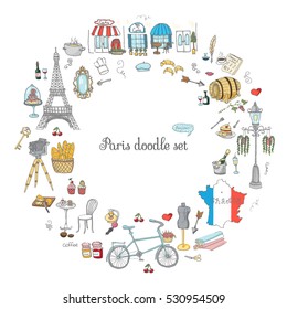 Set of hand drawn French icons, Paris sketch illustration, doodle elements, Isolated national elements made in vector. Travel to France icons for cards and web pages, Paris symbols collection