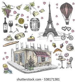 Set of hand drawn French icons, Paris sketch illustration