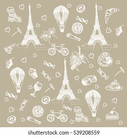 Set of hand drawn French icons, Paris sketch illustration