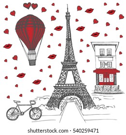 Set of hand drawn French icons, Paris sketch illustration