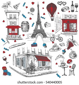 Set of hand drawn French icons, Paris sketch illustration