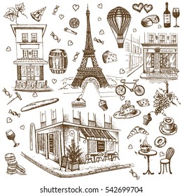 Set of hand drawn French icons, Paris sketch illustration