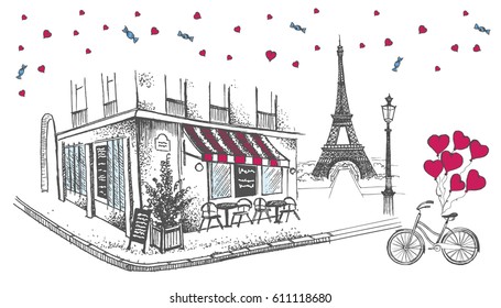 Set of hand drawn French icons, Paris sketch illustration