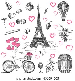 Set of hand drawn French icons, Paris sketch illustration
