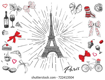 Set of hand drawn French icons, Paris sketch illustration
