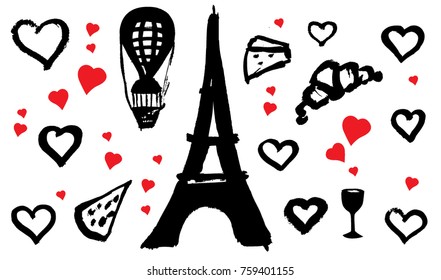 Set of hand drawn French icons, Paris sketch illustration
