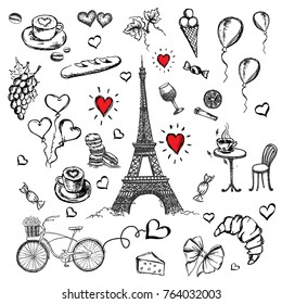 Set of hand drawn French icons, Paris sketch illustration