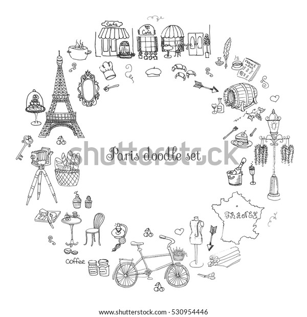 手描きのフランスのアイコン パリのスケッチイラスト 落書き風エレメント 分離型の民族エレメントのセットをベクター画像で作成 カードとウェブページのフランスへの旅行アイコン パリのシンボルコレクション のベクター画像素材 ロイヤリティフリー