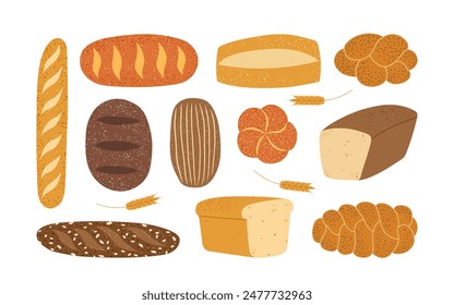 Set of hand drawn fresh breads. Whole grain, rye, and wheat bread, ciabatta, loaf, toast bread, french baguette. Bakery menu design. Vector flat illustration.