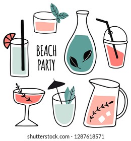 Set of hand drawn fresh cocktails, alcohol drinks. Summer holiday and beach party concept. Hand drawn cute vector illustration. Party poster, banner, invitation, flyer, card template 