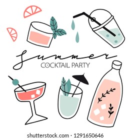 Set of hand drawn fresh cocktails, alcohol drinks. Summer holiday and beach party concept. Hand drawn cute vector illustration. Party poster, banner, invitation, flyer, card template 