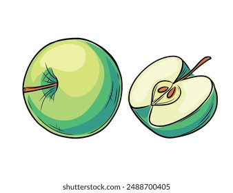 Conjunto de manzana verde fresca dibujada a mano con semilla. Fruta entera y partida por la mitad al estilo doodle. Ilustración vectorial aislada sobre fondo blanco