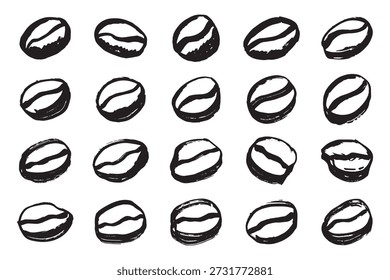 Conjunto de grano de café tostado fresco dibujado a mano Arabica robusta semilla doodle Elemento único para diseño de impresión de embalaje etiqueta decoración