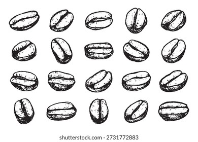 Conjunto de grano de café tostado fresco dibujado a mano Arabica robusta semilla doodle Elemento único para diseño de impresión de embalaje etiqueta decoración