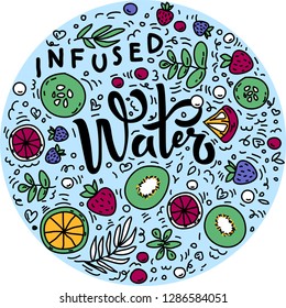 Set of hand drawn fresh summer fruits. Infused water calligrapty letters. Juice and dessert vegetarian menu illustration