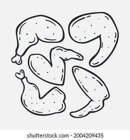 Set Hand drawn Fried Chicken icon Design Template. vector sketch doodle illustration. Perfect for food concepts, diet infographics, icons or web design, street restaurants menu