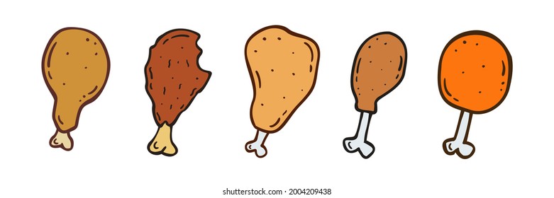 Set Hand drawn Fried Chicken leg icon Design Template. Illustration vector graphic. Flat design. Fast food.Perfect for food concepts, diet infographics, icons or web design, street restaurants menu