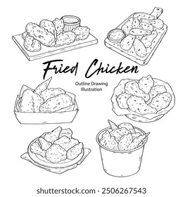 Set of Hand Drawn Fried Chicken Outline Drawing Food Illustration 