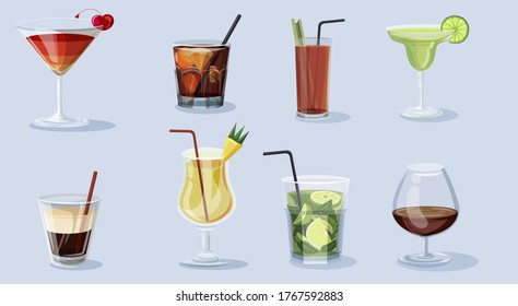 Conjunto de frutas extraídas a mano, alcohólicos y otros cócteles. Vacaciones de verano y fiestas en la playa. Iconos vectoriales aislados.