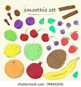 Set of hand drawn fruit, berries and spices. Vintage grungy sketch illustration. Apple, plum, mint, blueberry, banana, lemon, pomegranate, coconut, orange, lime, cinnamon, all spice