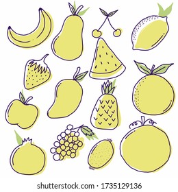 Conjunto de ilustración vectorial de doodle de fruto dibujado a mano.