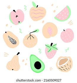 Set with hand drawn fruit doodles. Hand drawn apple, strawberry, watermelon, pear, coconut, avocado, peach and orange. Vector illustration