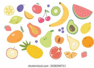 Conjunto con garabatos de frutas dibujados a mano. ilustración de stock. Menú vegano, comida saludable. Frutas planas simples de estilo moderno. 